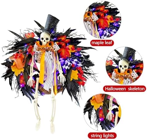 28 Inch Halloween Skeleton Wreath with Lights