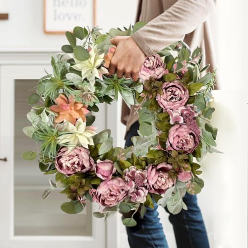 WANNA-CUL 24 Inch Spring Peony Wreath for Front Door