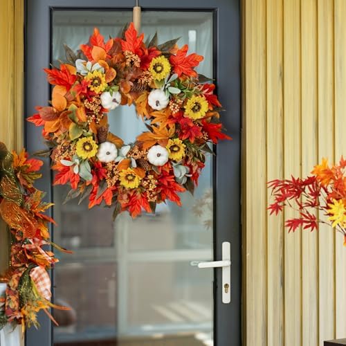 Fall Wreaths for Front Door 24 Inch Autumn Decor with Pumpkins Maple Leaves Wildflowers Berries
