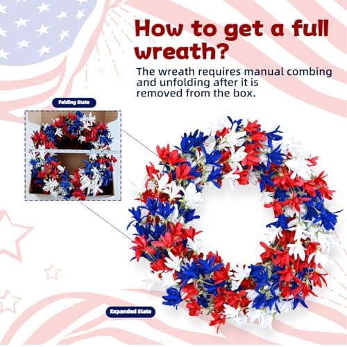 4th of July Wreath with Red White Blue Flowers for Front Door