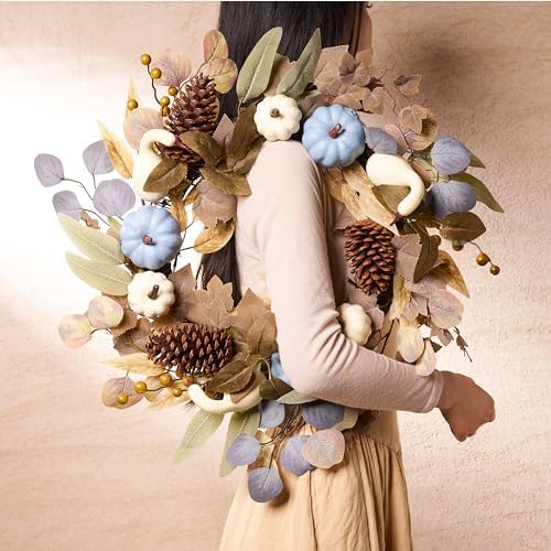 DECOR BY HANNAH 22 Inch Fall Wreath with Blue Pumpkin and Pinecone