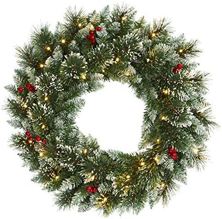 Nearly Natural 24in Frosted Swiss Pine Artificial Wreath with LED Lights and Berries