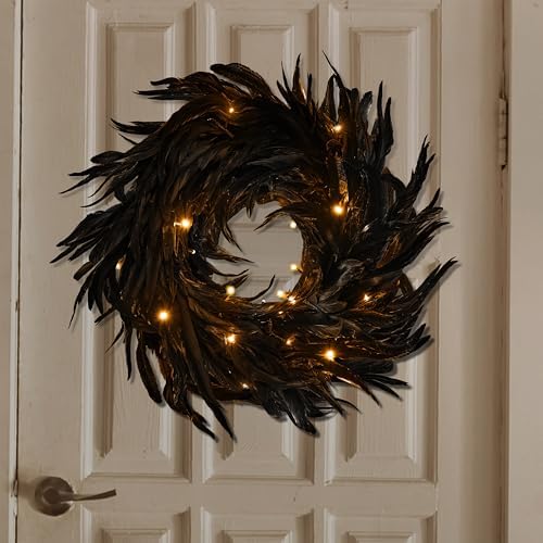 JOYIN 135 Inch Black Natural Feather Wreath for Halloween Decorations