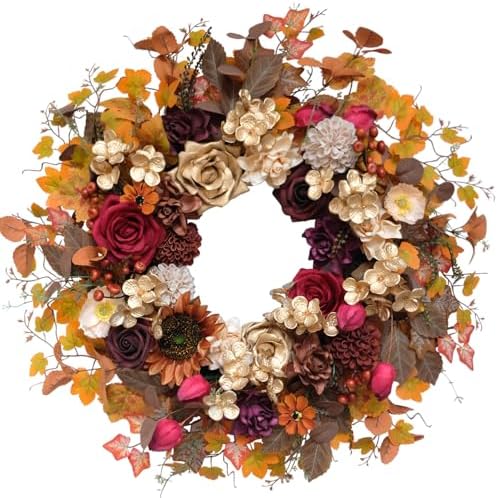 TEMPUS 24 Inch Artificial Fall Wreath - Red Gold Rose Floral Decor for Front Door Thanksgiving Harvest Wall Hanging