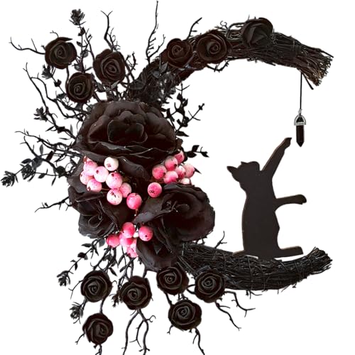 Spooky Halloween Wreath with Lights Black Cat Moon Door Decor