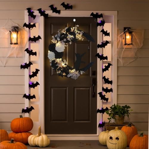 Moon Black Cat Halloween Wreath with Lights