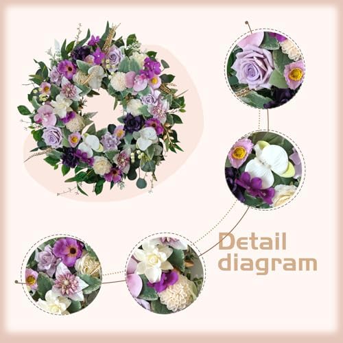 22 Inch Artificial White Purple Flower Wreath
