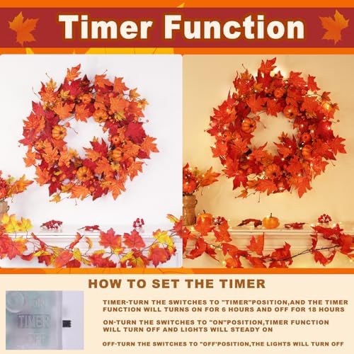 26 Inch Foldable Fall Wreath with Timer Lights
