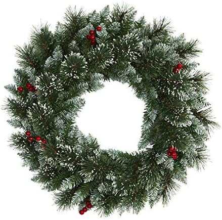 Nearly Natural 24in Frosted Swiss Pine Artificial Wreath with LED Lights and Berries