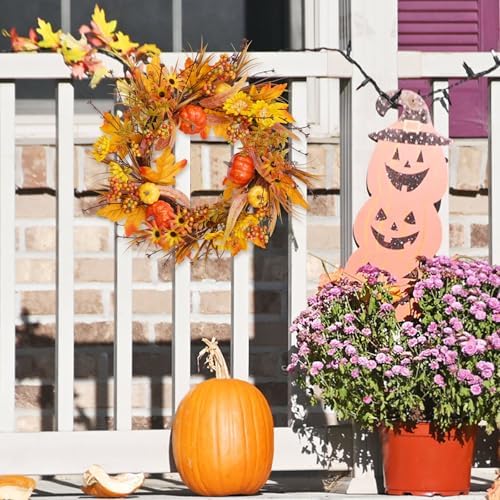 19 Inch Fall Wreath with Pumpkins and Maple Leaves