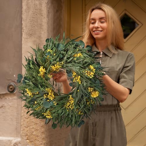 24 Inch Dried Flower Wreath with Yellow Babys Breath and Eucalyptus for Front Door