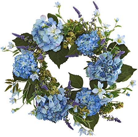 Nearly Natural 24 Inch Hydrangea Wreath Blue