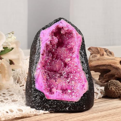TUMBEELLUWA Large Fuchsia Rainbow Crystal Geode Stone Decor