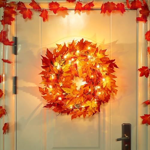 24 Inch Lighted Fall Wreath with Timer for Front Door