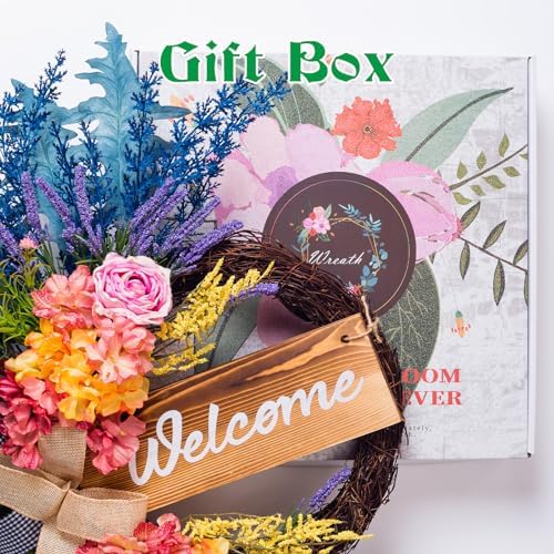 Welcome Sign Wreaths for Front Door Outside 22 Inch Artificial Farmhouse Decor