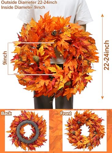 24 Inch Lighted Fall Wreath with Timer for Front Door