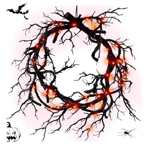 Glitter Black Branch Halloween Wreath with Red Lights