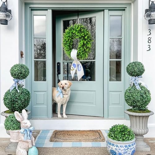 Vofuly Boxwood Wreath with Monogram Sash - 20 Inch