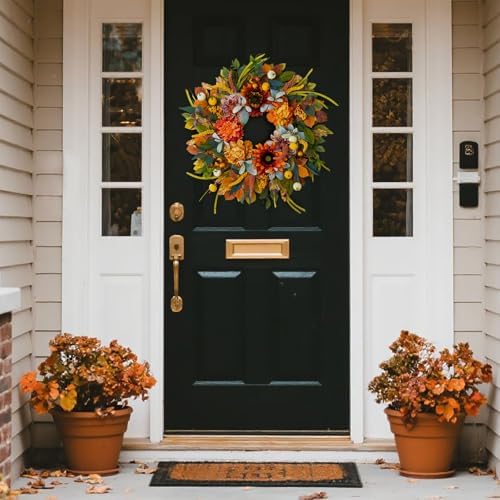 24 Inch Fall Wreath with Sunflowers Dahlias Pumpkins for Front Door