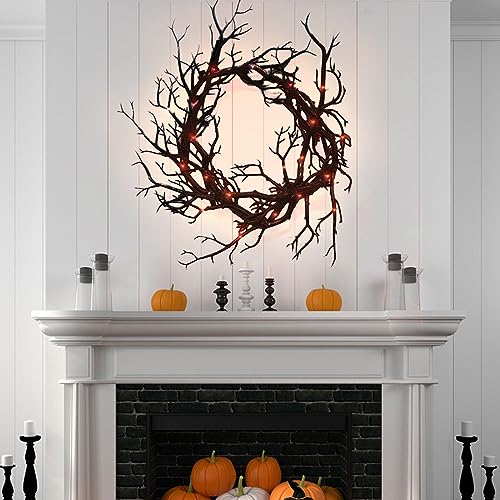 Glitter Black Branch Halloween Wreath with Red Lights