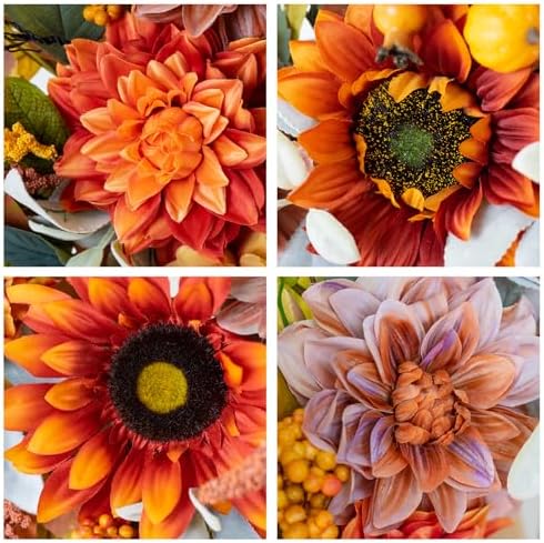 24 Inch Fall Wreath with Sunflowers Dahlias Pumpkins for Front Door