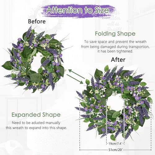 Lavender Wreath for Front Door 20 inch Artificial Farmhouse Decor