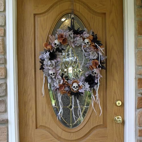Haunted Hill Farm Gothic Skull Wreath with Multicolor Flowers