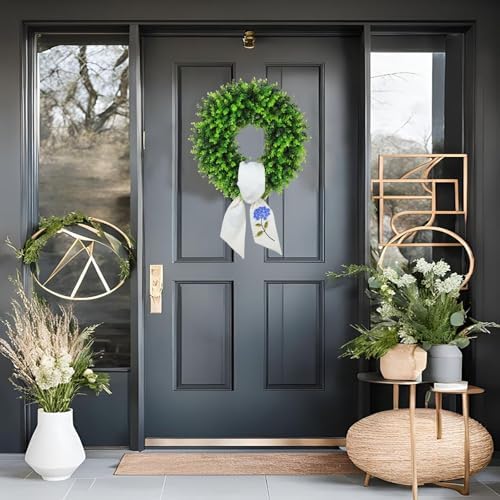 Vofuly Boxwood Wreath with Monogram Sash - 20 Inch