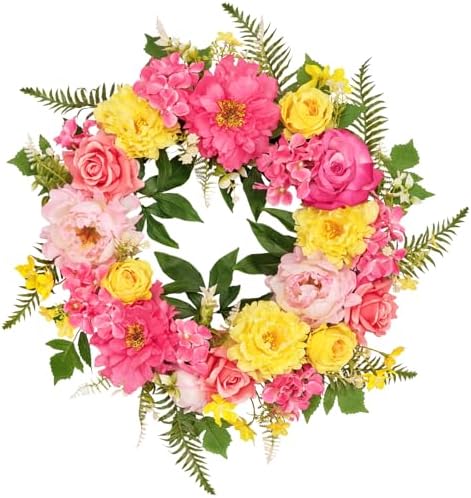 Bright Spring Wreath for Front Door with Peonies and Roses