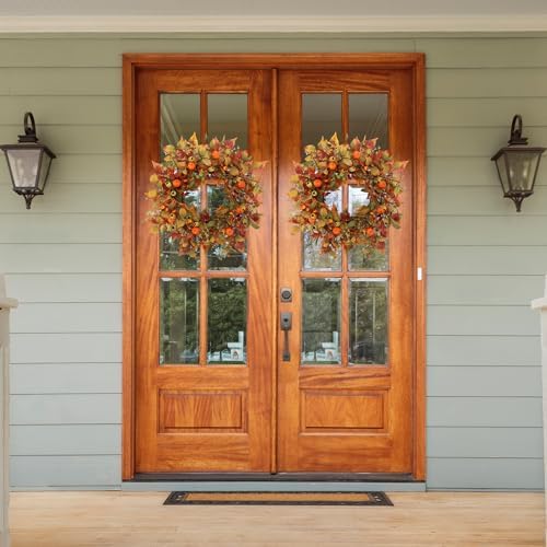 22 Inch Artificial Fall Wreath with Pumpkin and Maple Leaves
