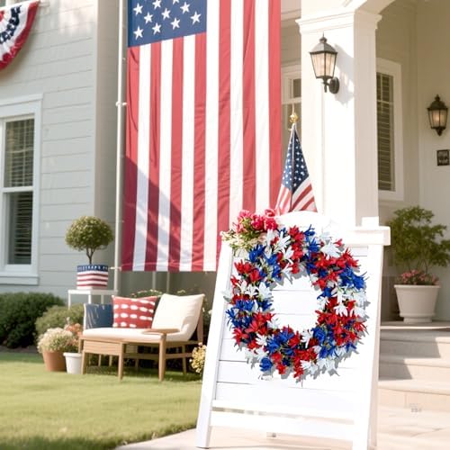 4th of July Wreath with Red White Blue Flowers for Front Door