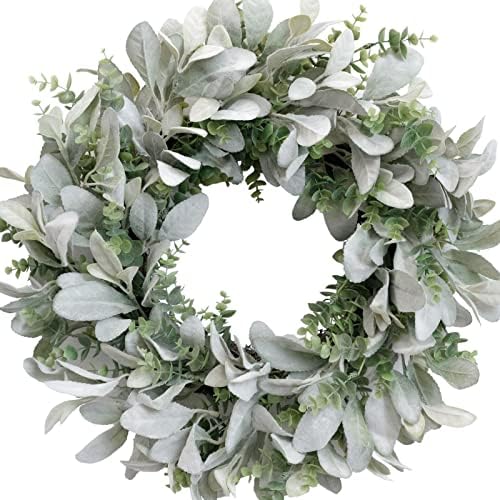 TEMPUS 18 Inch Boxwood and Lambs Leaves Wreath for Front Door