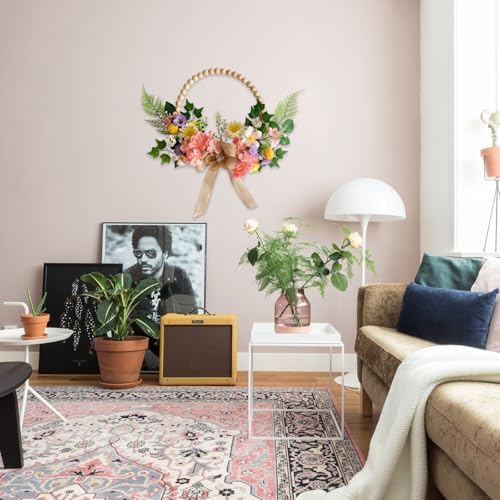 TEMPUS 16 Inch Artificial Spring Wooden Bead Wreath with Flower Bow Summer Hydrangea Wreath Home Decorations