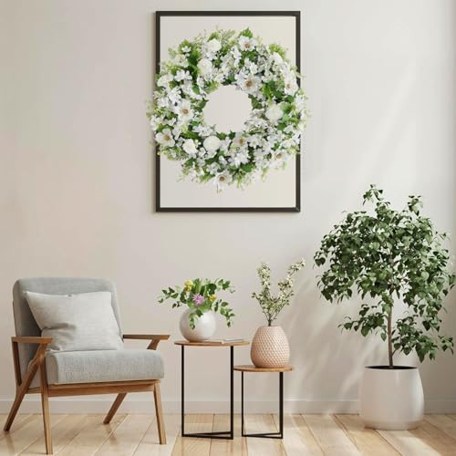 White Faux Silk Flower Wreath 24-26 Inch Front Door Decor