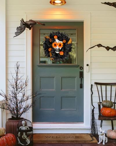 Halloween Wreath for Front Door with Skull and Pumpkin