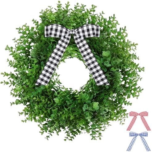 Artificial Boxwood Wreath with 3 Plaid Bows for Front Door