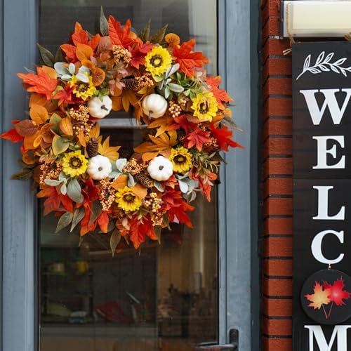 Fall Wreaths for Front Door 24 Inch Autumn Decor with Pumpkins Maple Leaves Wildflowers Berries