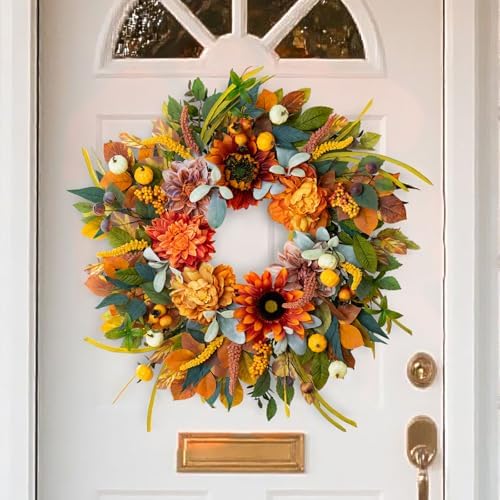 24 Inch Fall Wreath with Sunflowers Dahlias Pumpkins for Front Door