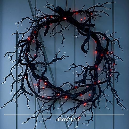 Glitter Black Branch Halloween Wreath with Red Lights