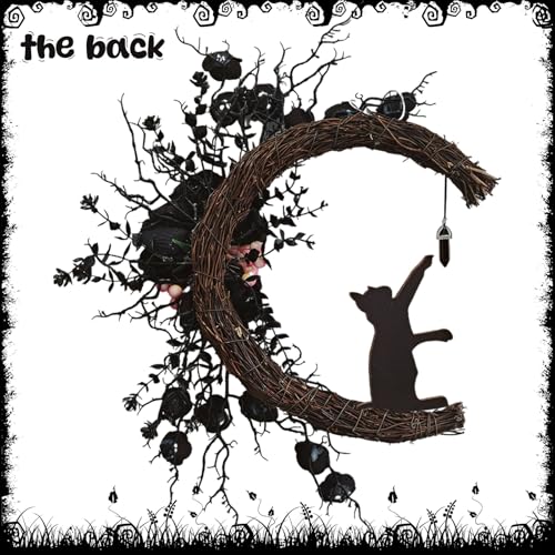 Spooky Halloween Wreath with Lights Black Cat Moon Door Decor