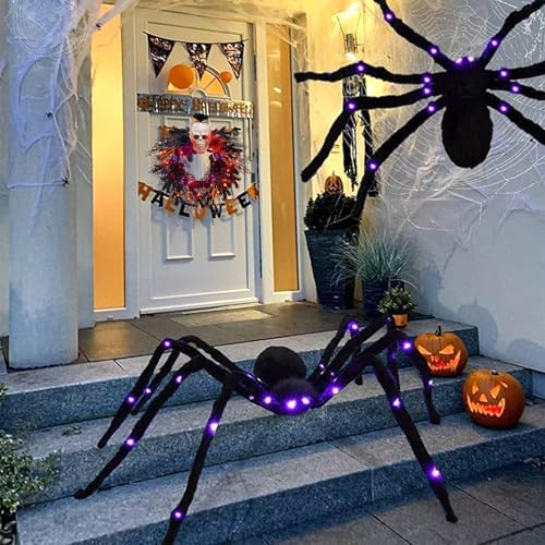 20 Inch Halloween Front Door Wreath with Spider Scary Skull Rose Red and Black Decor Lights