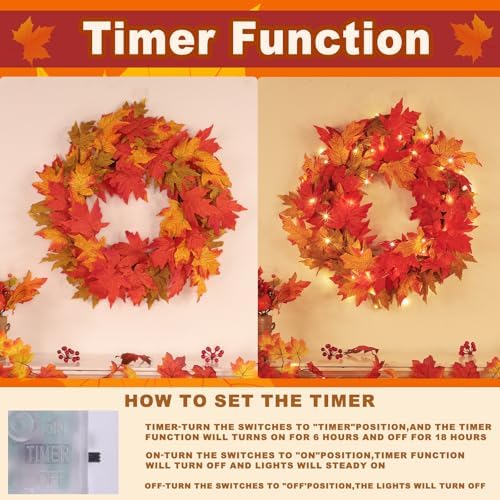 26 Inch Foldable Fall Wreath with Timer and Lights