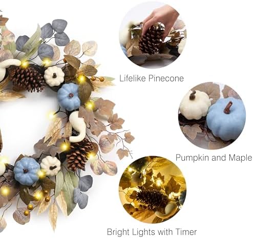DECOR BY HANNAH 22 Inch Fall Wreath with Blue Pumpkin and Pinecone