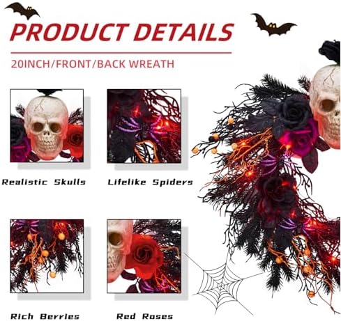 20 Inch Halloween Wreath with Spider Skull Rose Lights