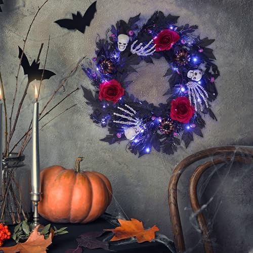 GENMOUS Halloween 22Inch Rose Wreath with Lights