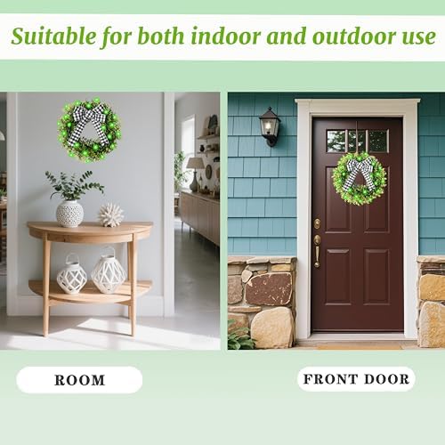 Yinfidee 18 Inch Artificial Green Boxwood Wreath with Buffalo Plaid Bow and LED Lights