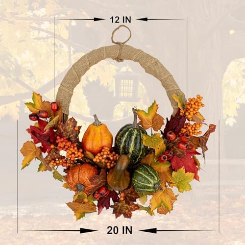LLZLL Fall Wreath 20 Inch Artificial Thanksgiving Wreath with Pumpkins Berries and Leaves for Front Door