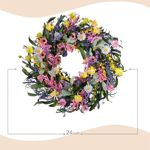 Bibelot Spring Wreath for Front Door 22 Inch Artificial Floral Decor with Daisy Lavender and Wildflowers