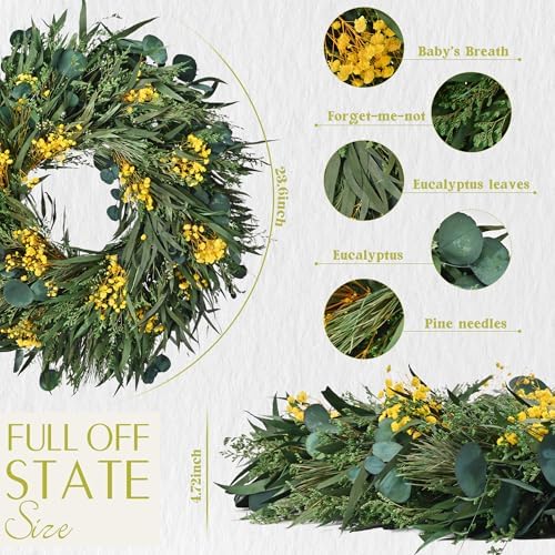24 Inch Dried Flower Wreath with Yellow Babys Breath and Eucalyptus for Front Door