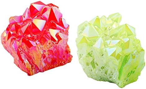 Rockcloud Healing Crystal Pack of 2 Natural Titanium Coated Fluorescent Red Rock Quartz Clusters